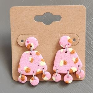 Pink Spotted Clay Post Dangle Earrings